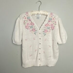 90's Embroidered Floral Knit Cardigan Womens Medium Puff Sleeve Cottagecore